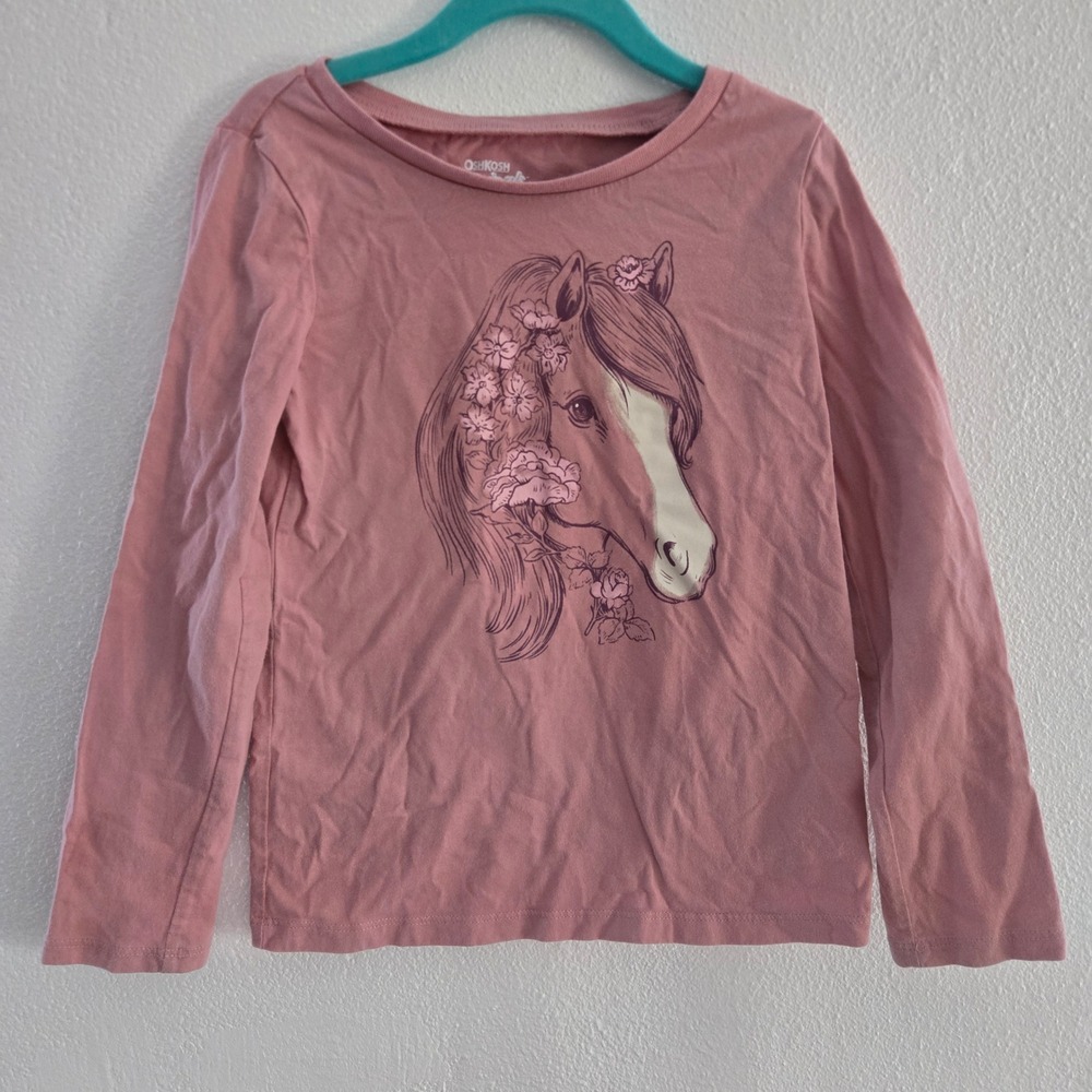 OshKosh B'gosh Girls‎ Pink Horse Floral Graphic Long Sleeve Tee Shirt Size 6-6X